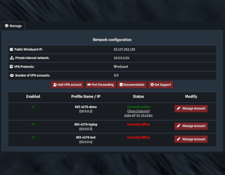 WireGuard VPN control panel